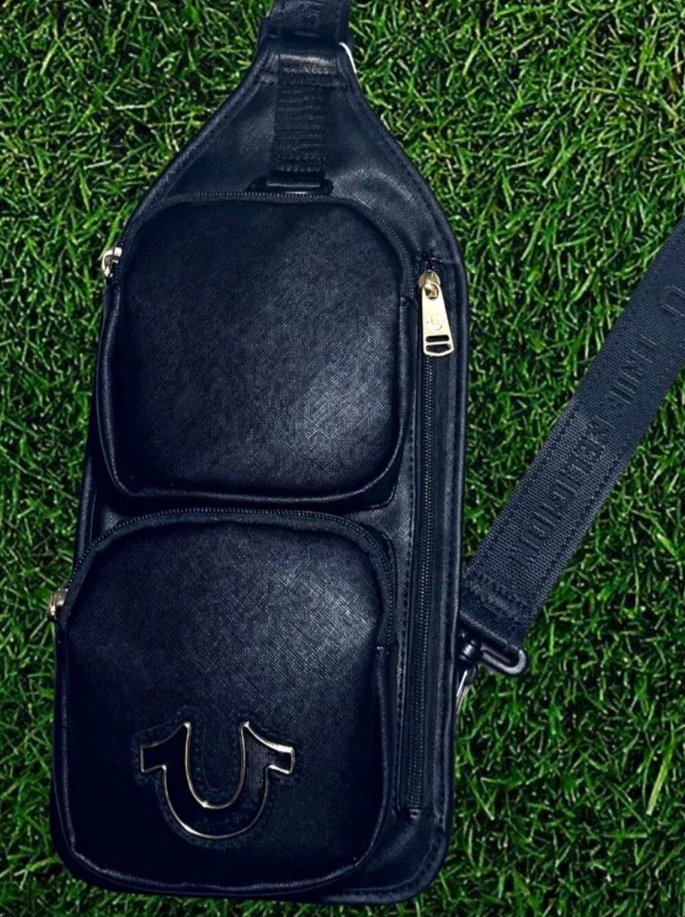 True Religion Black Leather Crossbody Sling Bag with Gold Horseshoe